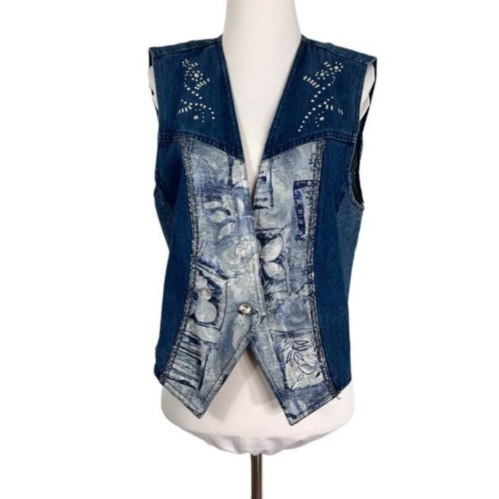 Vintage 80s 90s Bedazzled glitter Tapestry Denim Jean Vest S/M